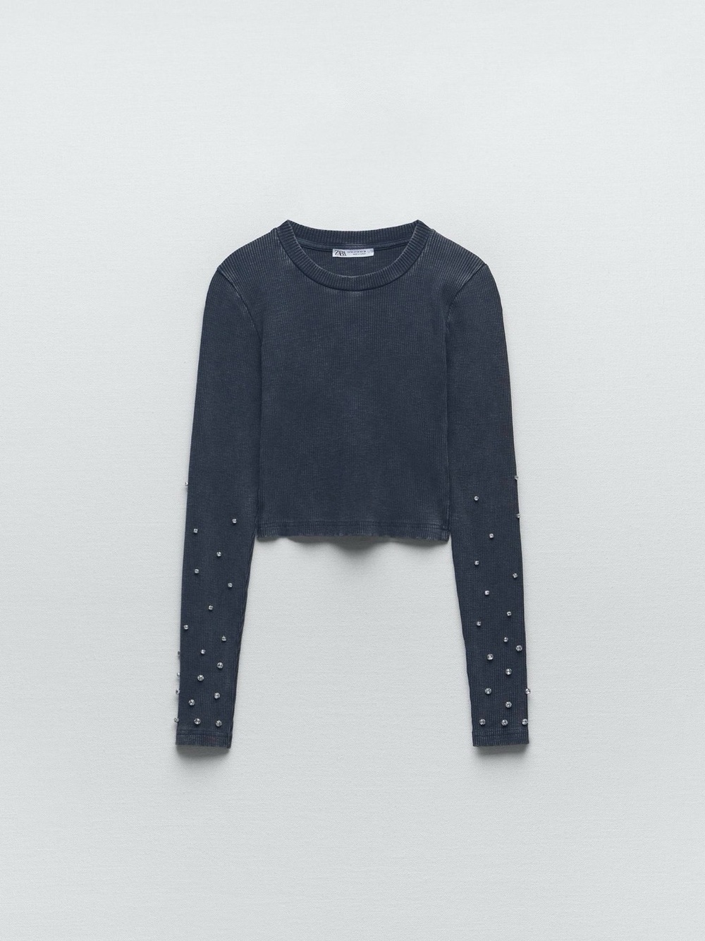 ZARA NWT Cropped Long-Sleeve Knit Top with Bejeweled Sleeve Embellishments Blue